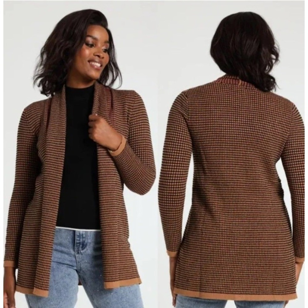 Love For Humanity Open Cardigan Sweater Knit Size L Black Label Tan Black Maroon